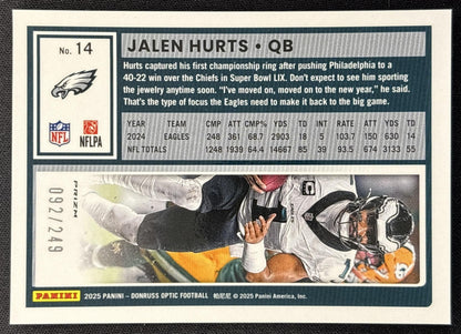Jalen Hurts 2025 Panini Donruss Optic Blue Prizm /249 Eagles Sports Trading Card