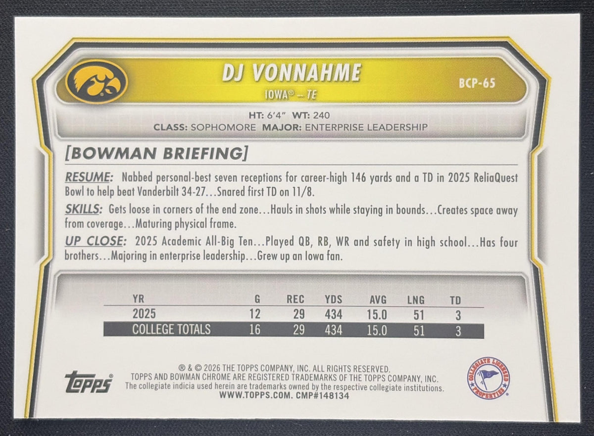 DJ Vonnahme 2026 Bowman Chrome Prospects Speckle Refractor Hawkeyes