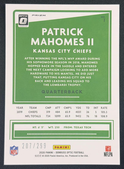 Patrick Mahomes II 2020 Panini Donruss Optic Aqua Prizm /299 Chiefs Sports Trading Card