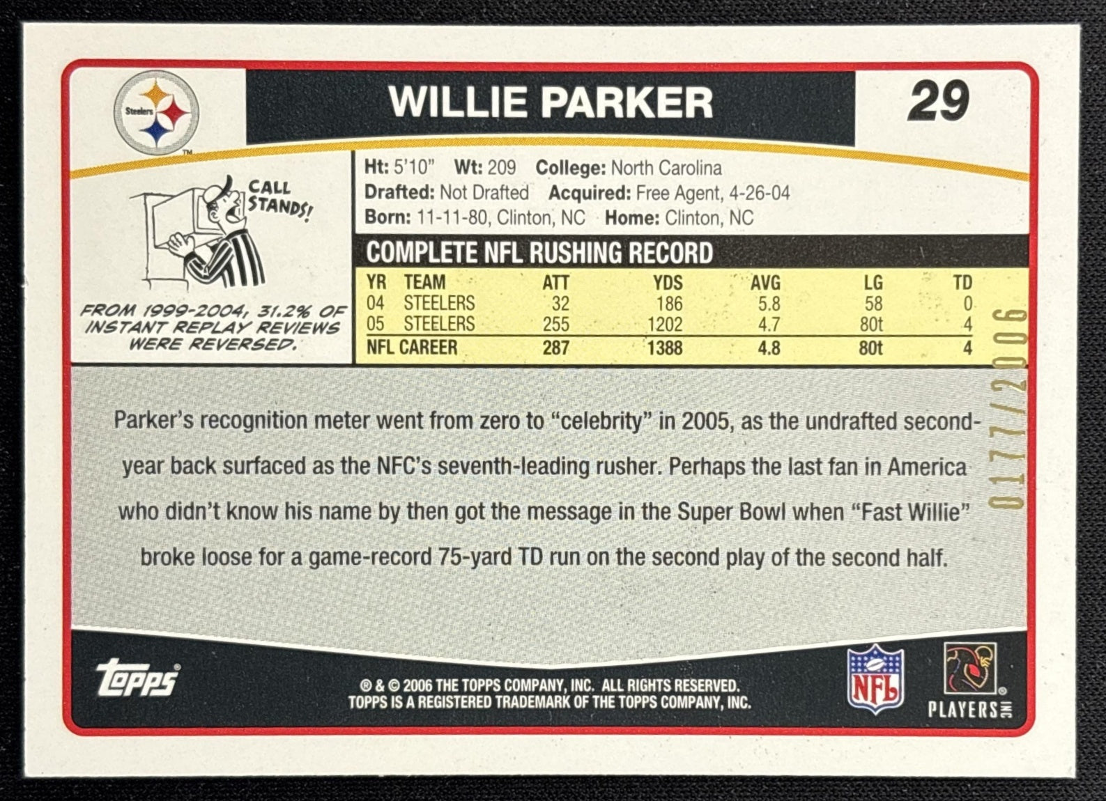 Willie Parker 2006 Topps Gold /2006 Steelers back