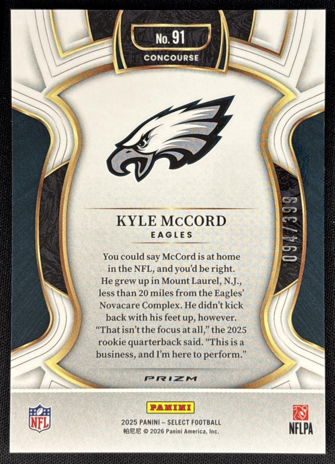 Kyle McCord 2025 Panini Select Concourse Tri-Color Prizm /399 Eagles Sports Trading Card