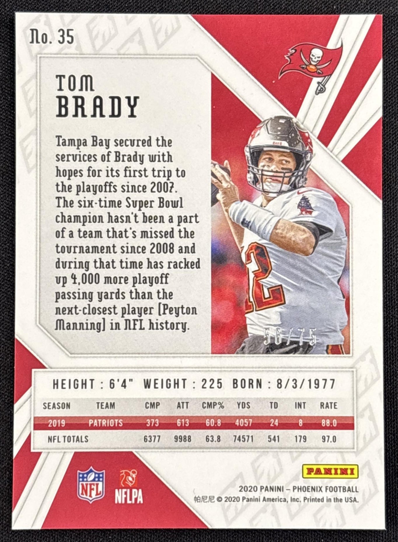 Tom Brady 2020 Panini Phoenix Yellow /75 Buccaneers - back