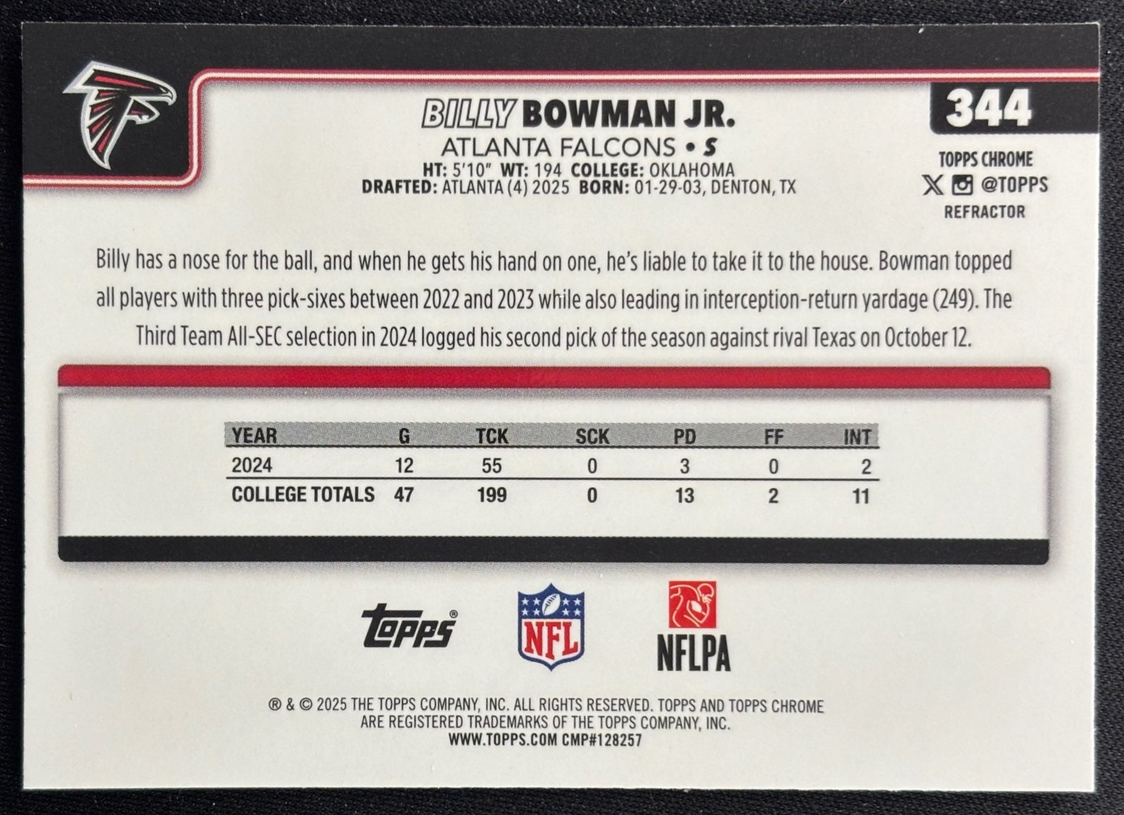 Billy Bowman Jr. 2025 Topps Chrome Rookie Refractor Falcons Sports Trading Cards