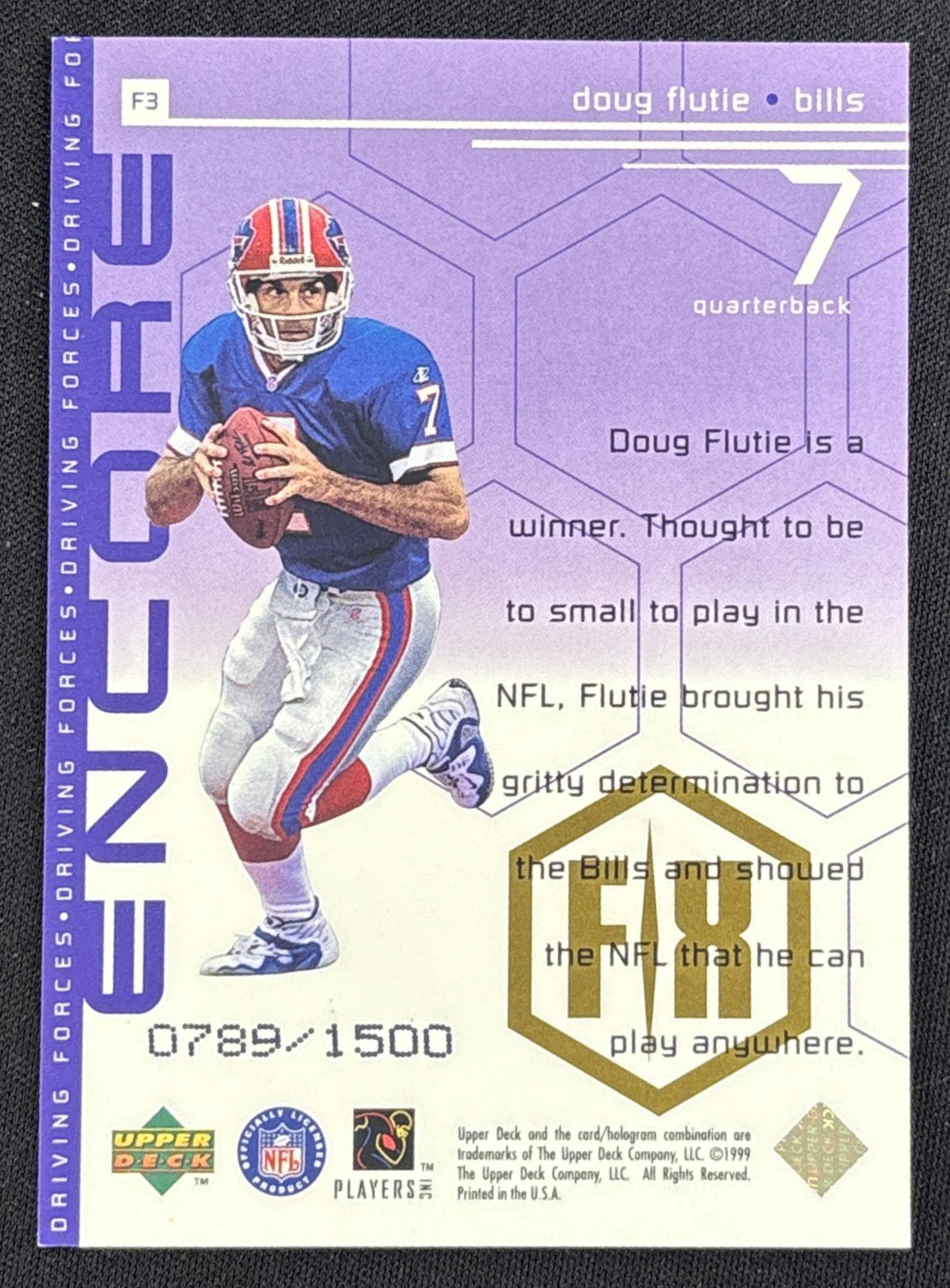 Doug Flutie 1998 Upper Deck Encore Driving Forces F/X /1500 Bills back