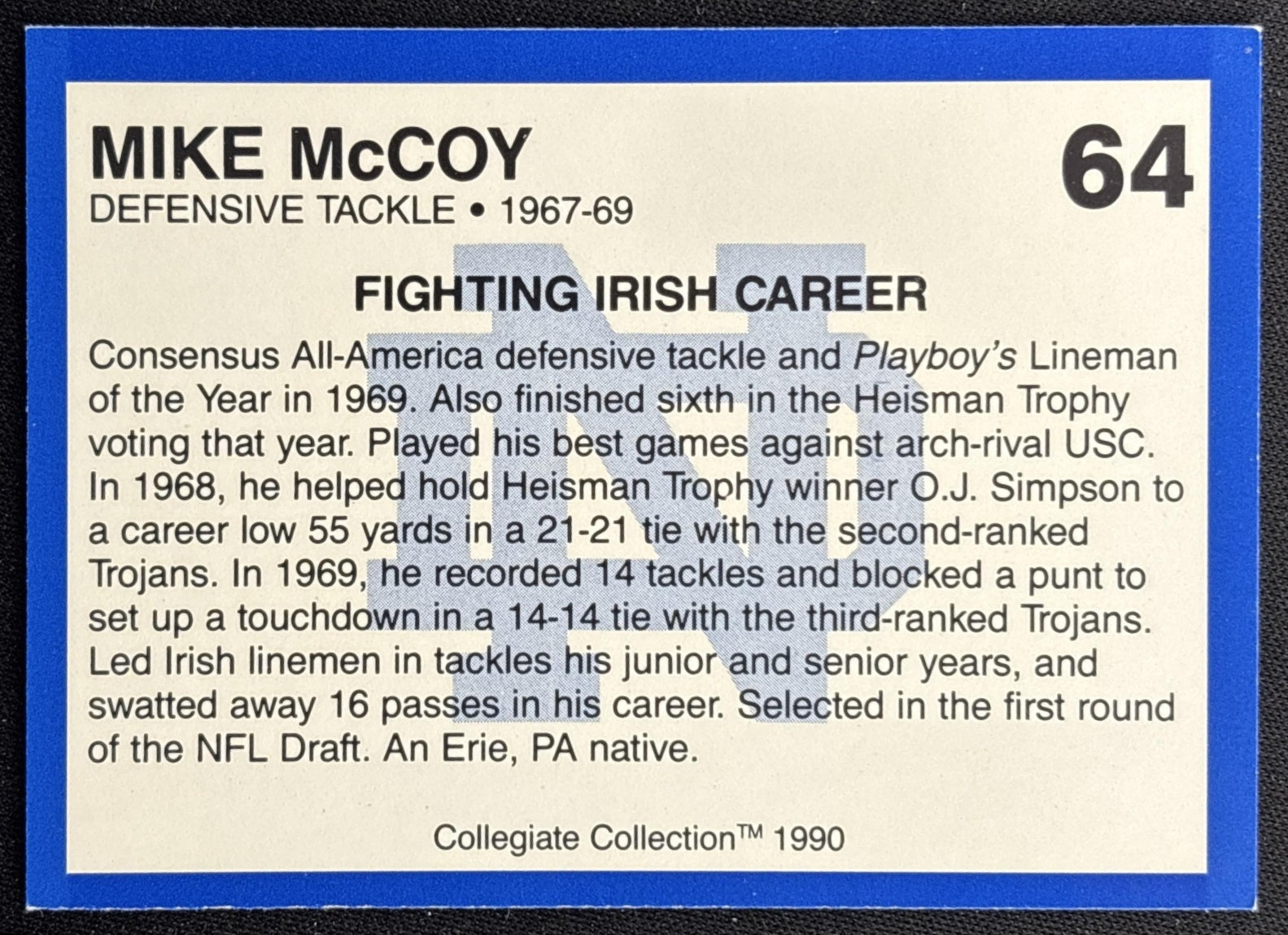 Mike McCot 1990 Collegiate Collection back