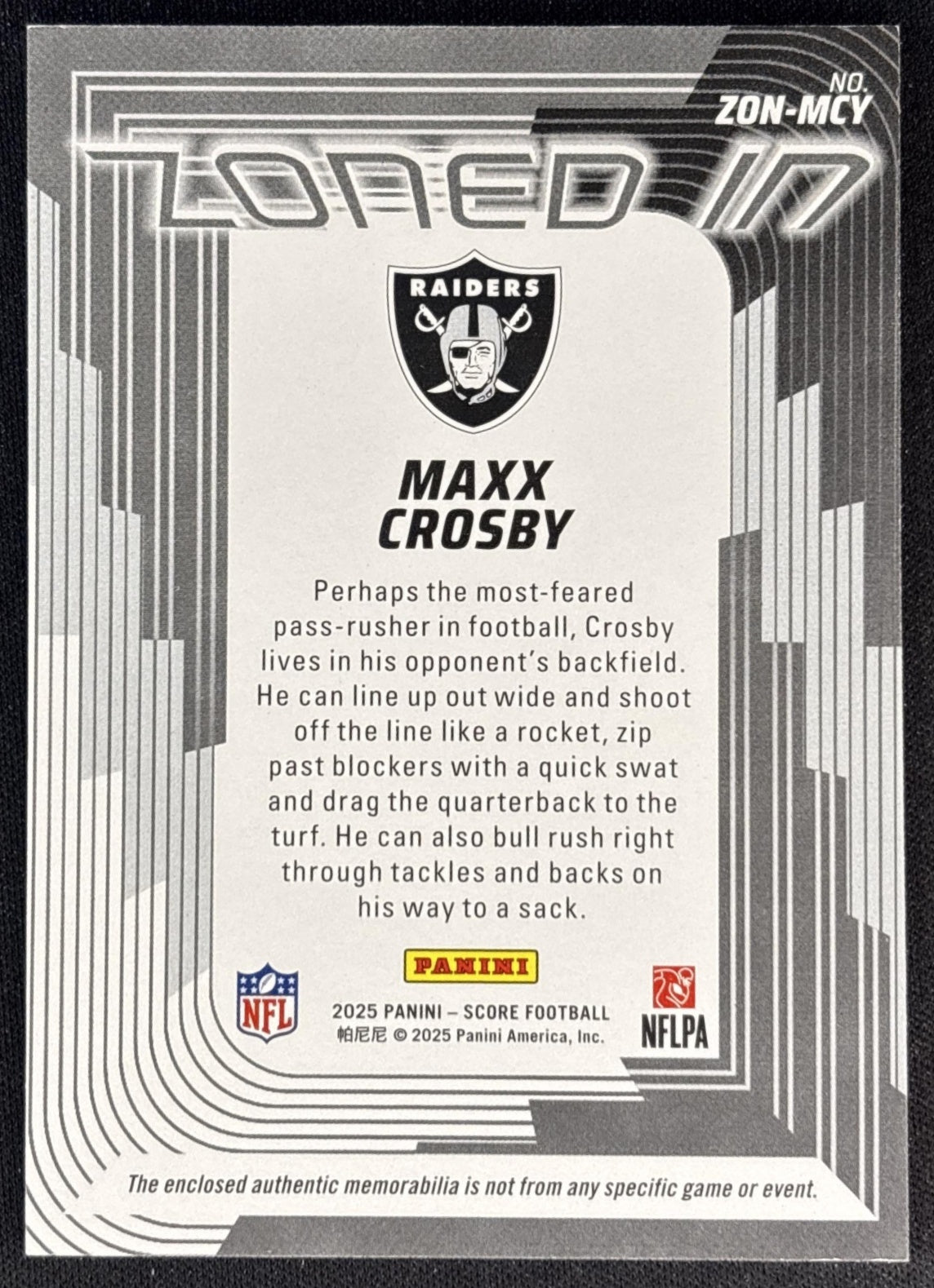 Maxx Crosby 2025 Panini Score Zoned In Jerseys Raiders Sports Trading Cards
