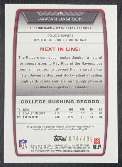 Jawan Jamison 2013 Bowman Rainbow Blue /499 Redskins Washington Redskins Sports Trading Card