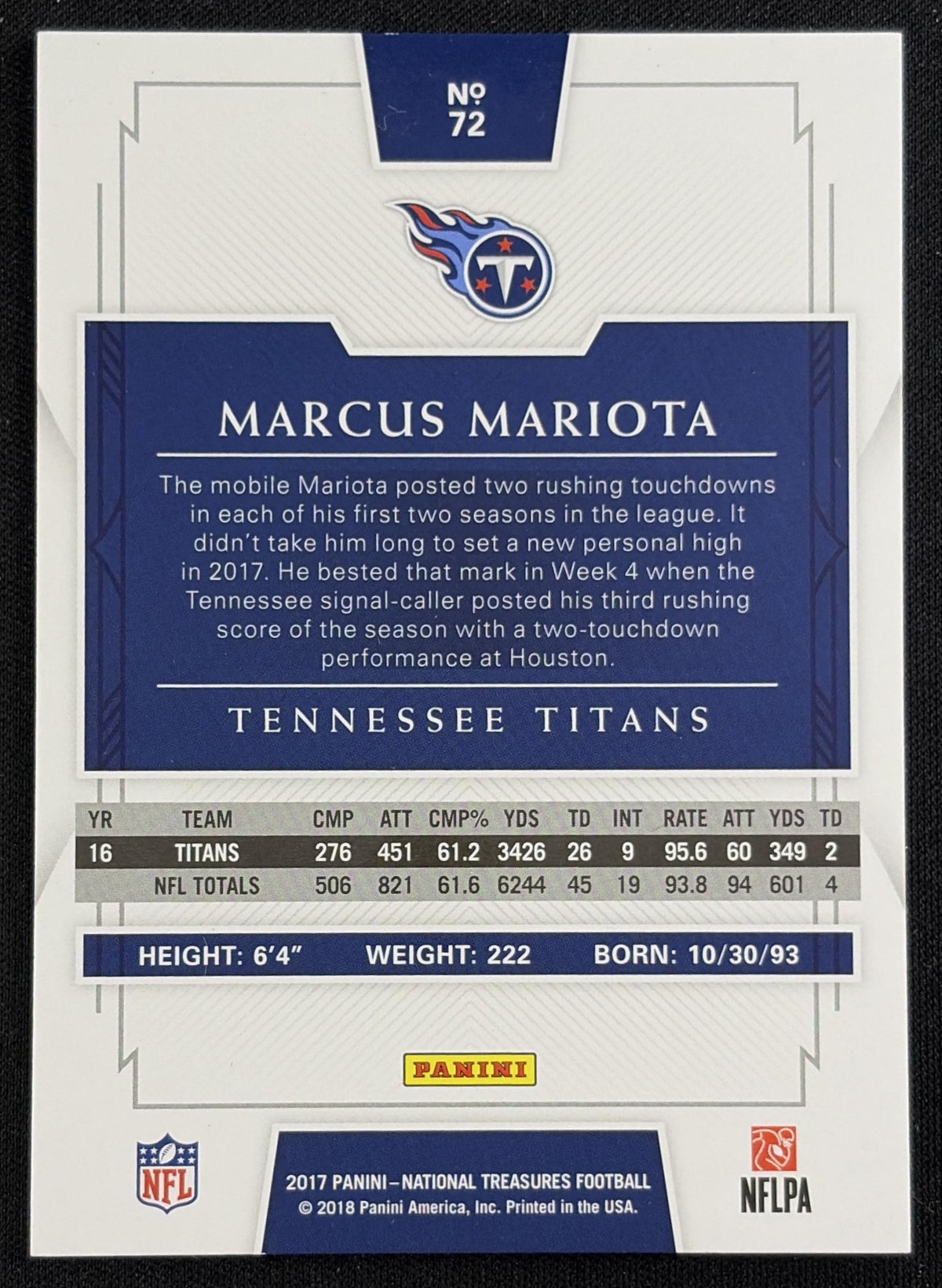 Back of Marcus Mariota 2018 Panini National Treasures /99 Titans sports trading card