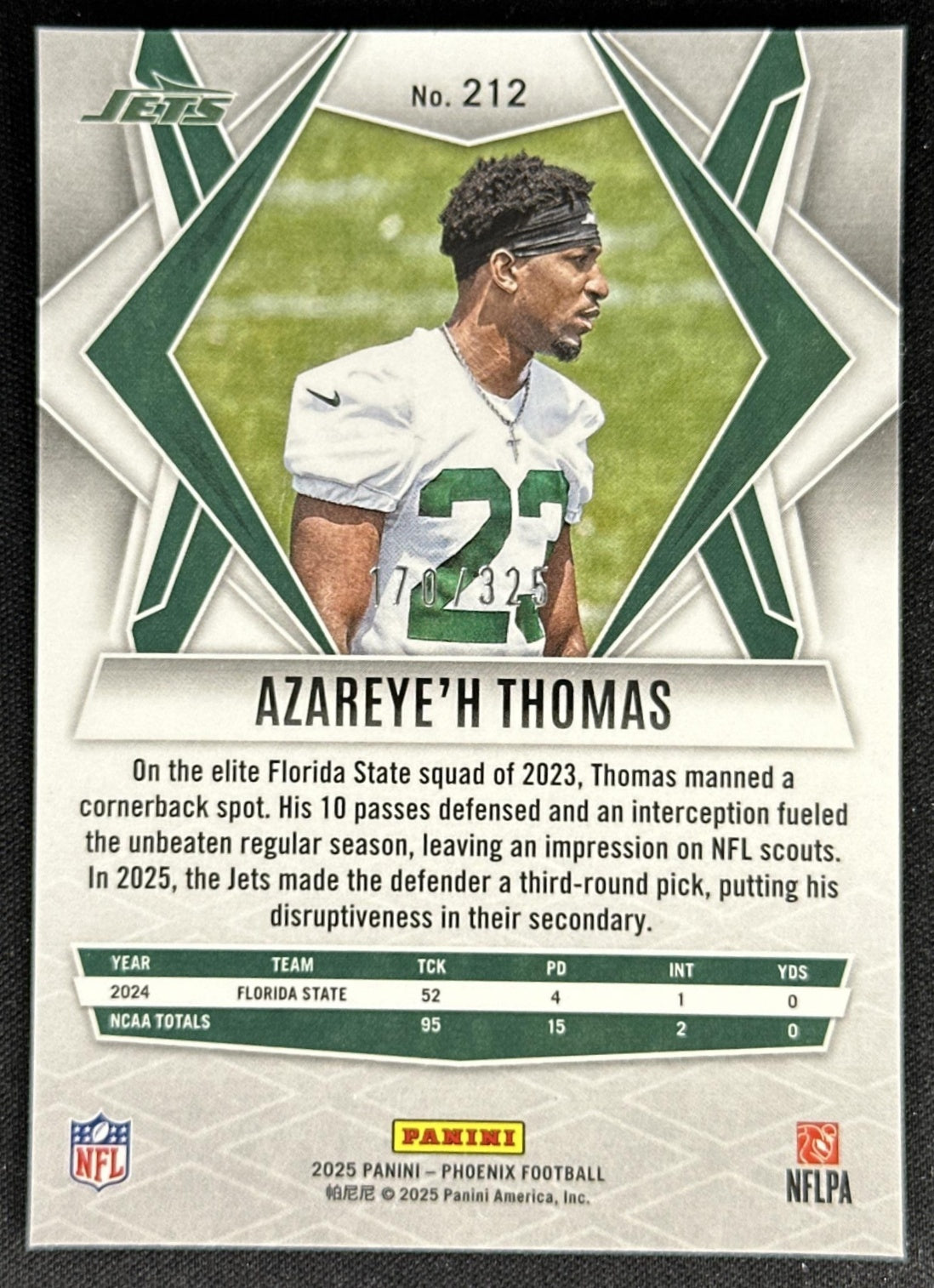 Azareye'h Thomas 2025 Panini Phoenix Light Blue Lava Prizm /325 Jets