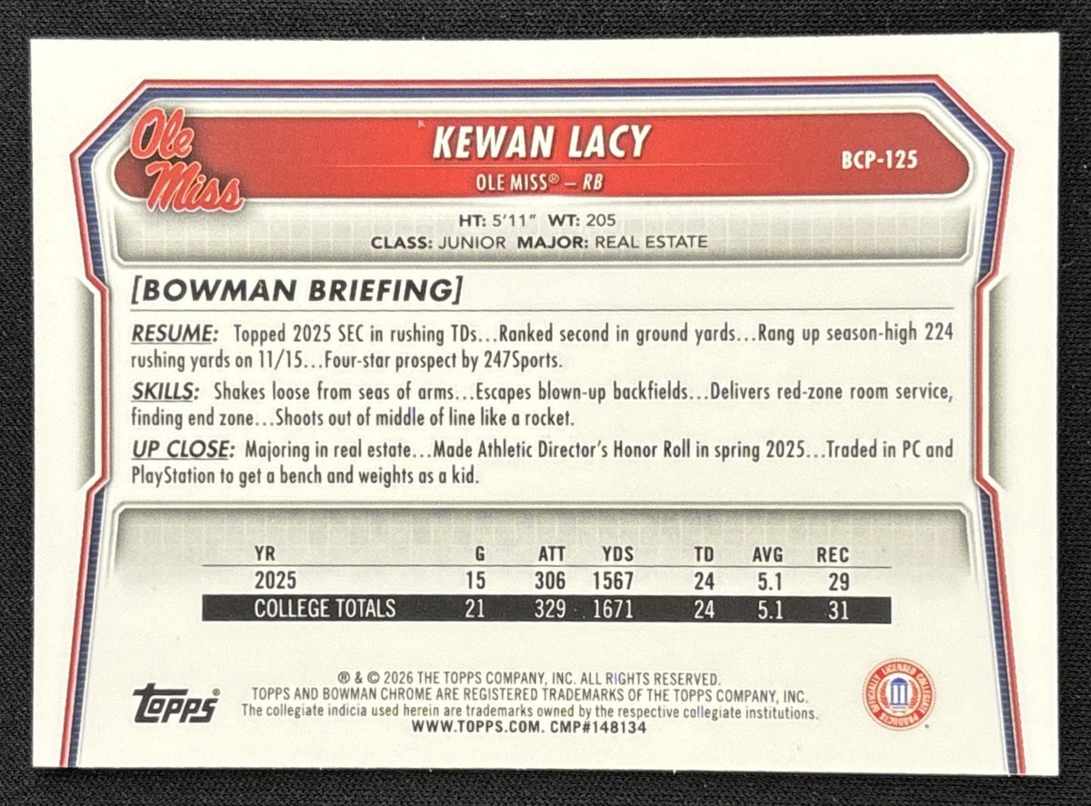 Kewan Lacy 2026 Bowman Chrome Prospects Speckle Refractor Rebels