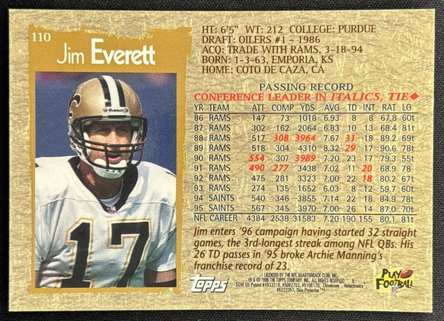 Jim Everett 1996 Topps Chrome Saints Sports Trading Cards