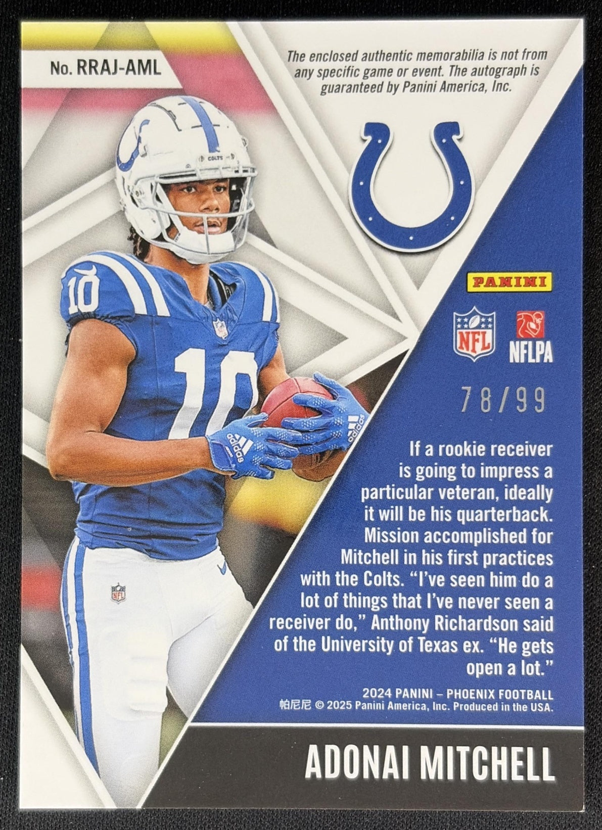 Adonai Mitchell 2024 Panini Phoenix Rising Rookie Auto Jersey /99 Colts Sports Trading Cards