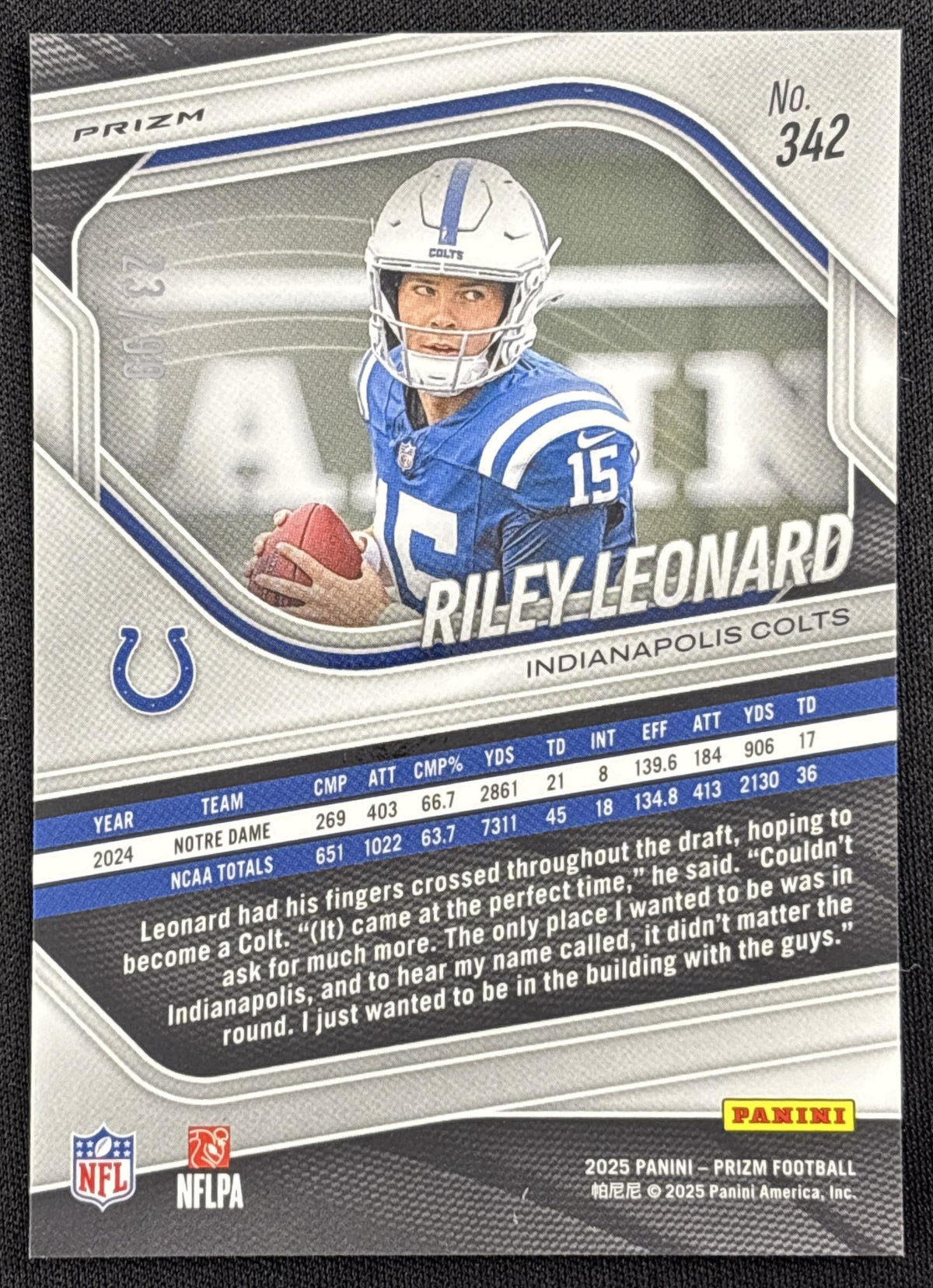 Riley Leonard 2025 Panini Prizm No Huddle Red /99 Colts