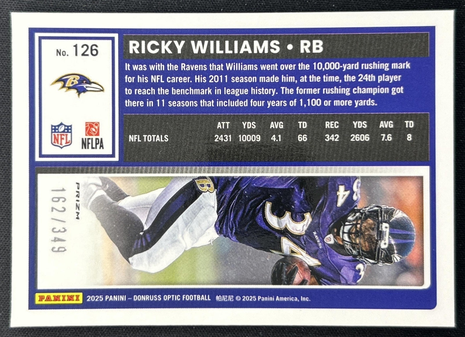 Ricky Williams 2025 Panini Donruss Optic Aqua Prizm /349 Ravens back