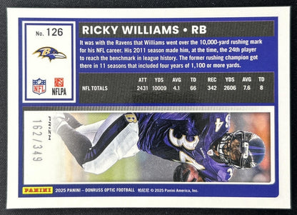 Ricky Williams 2025 Panini Donruss Optic Aqua Prizm /349 Ravens back