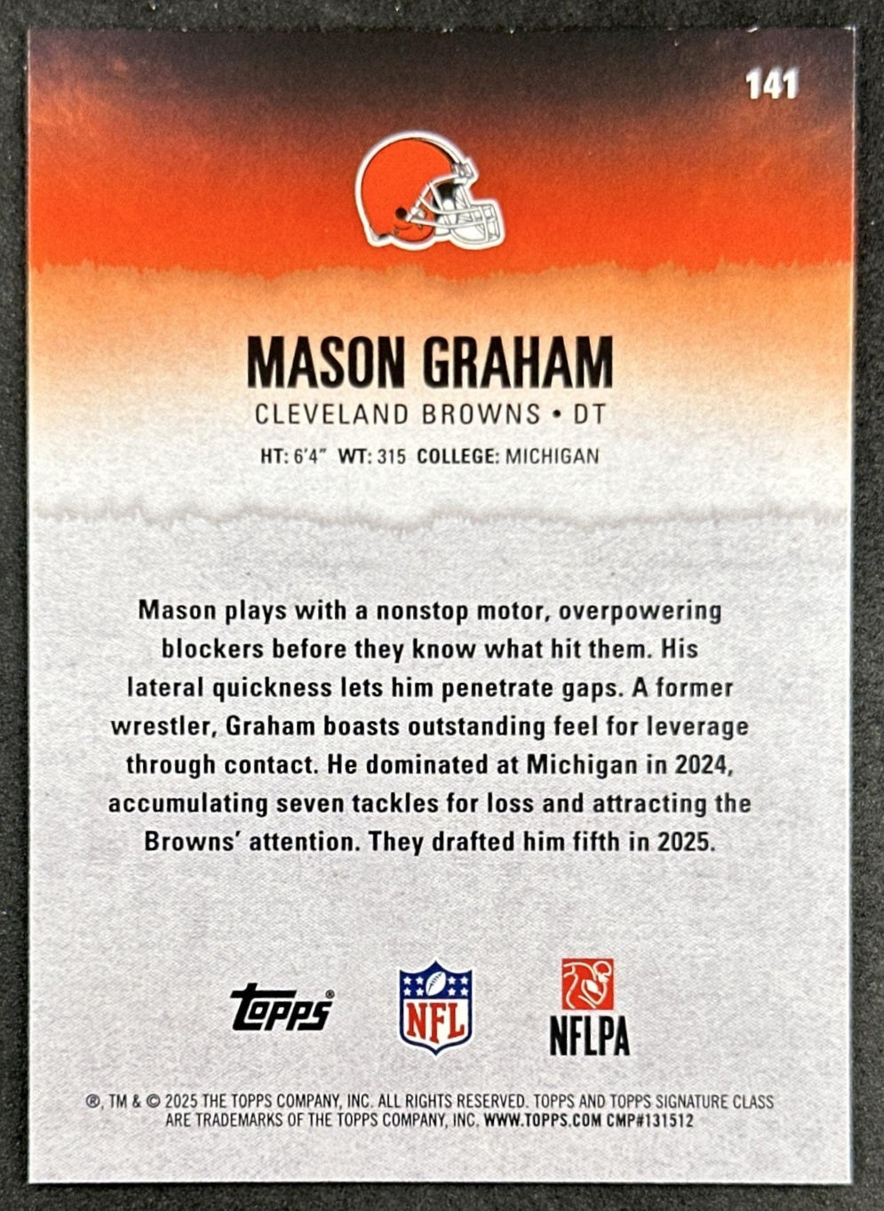 Mason Graham 2025 Topps Signature Class Rookie Blue & Yellow Foil Browns