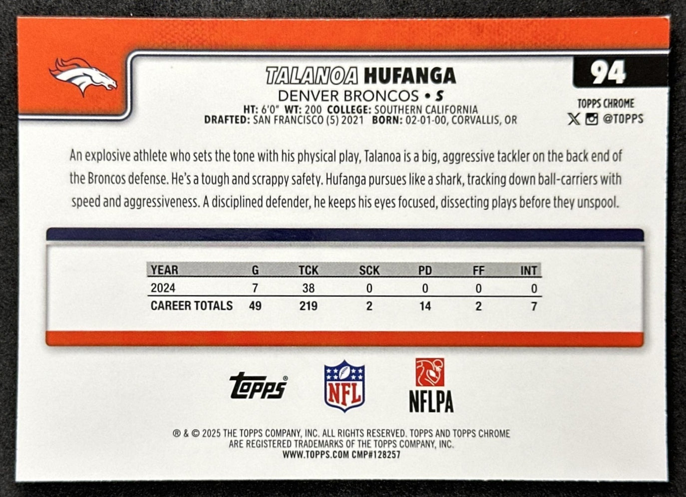Talanoa Hufanga 2025 Topps Chrome Sapphire Broncos