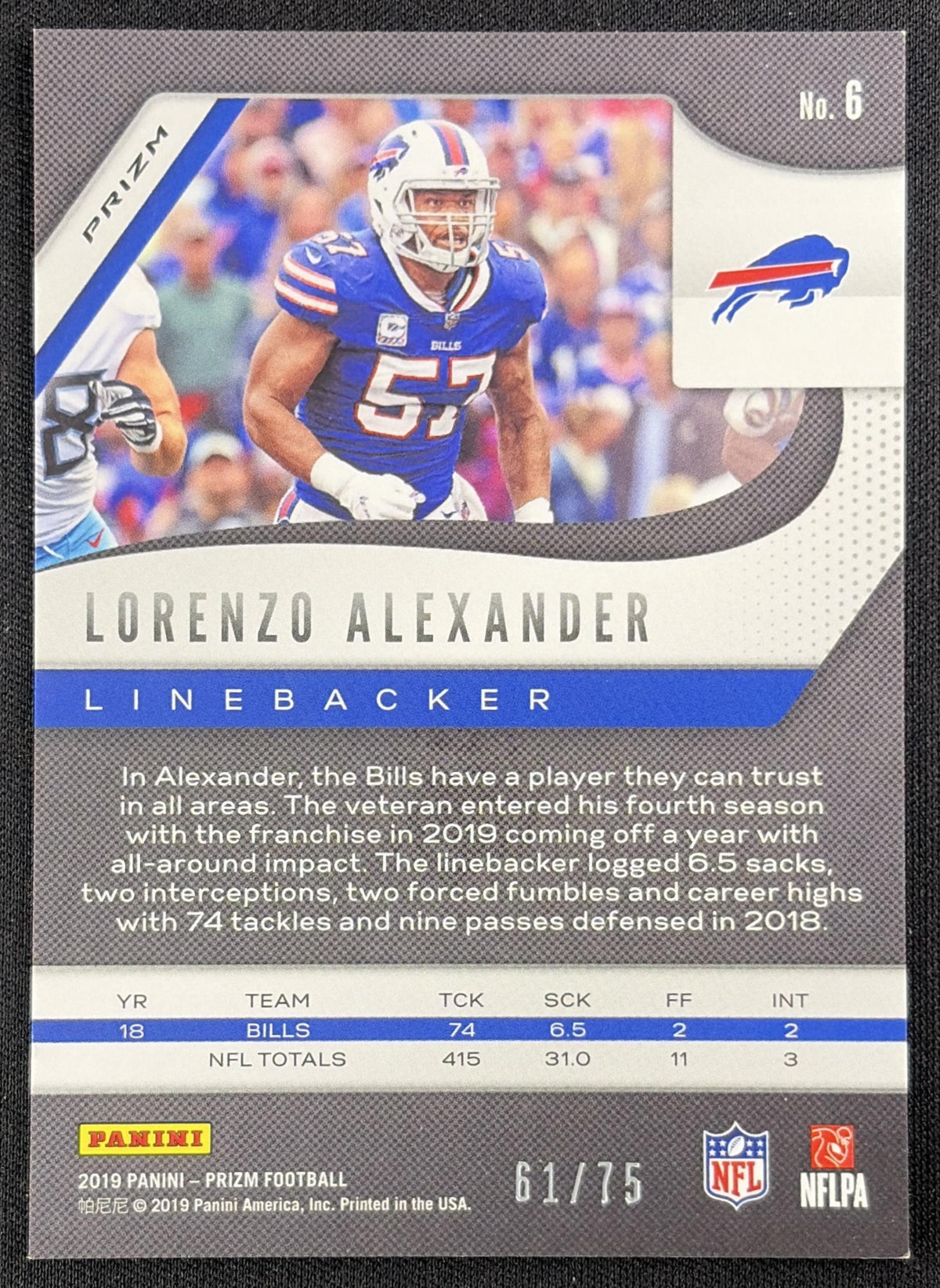 Lorenzo Alexander 2019 Panini Prizm Green Scope /75 Bills