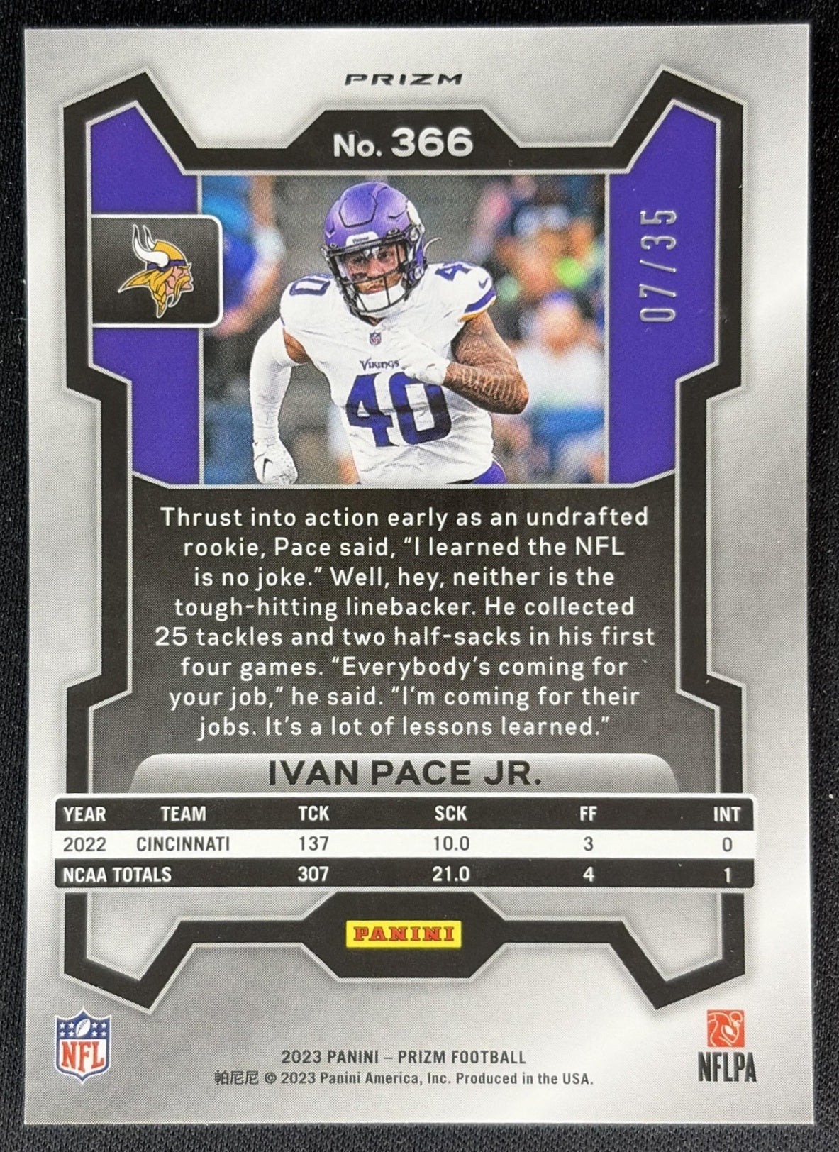 Ivan Pace Jr. 2023 Panini Prizm No Huddle Purple /35 Vikings back