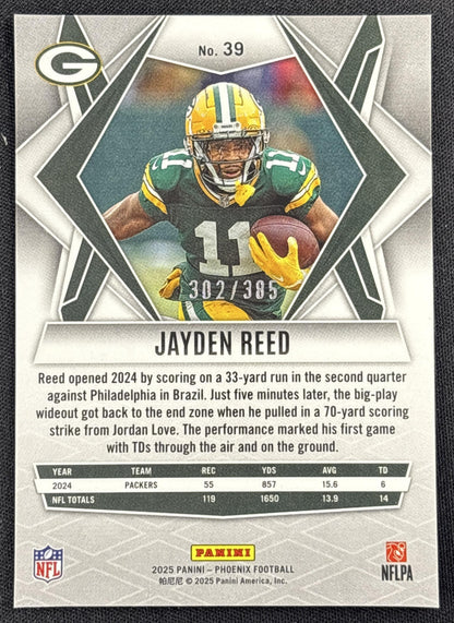Jayden Reed 2025 Panini Phoenix Light Blue Pyramids Prizm /385 Packers