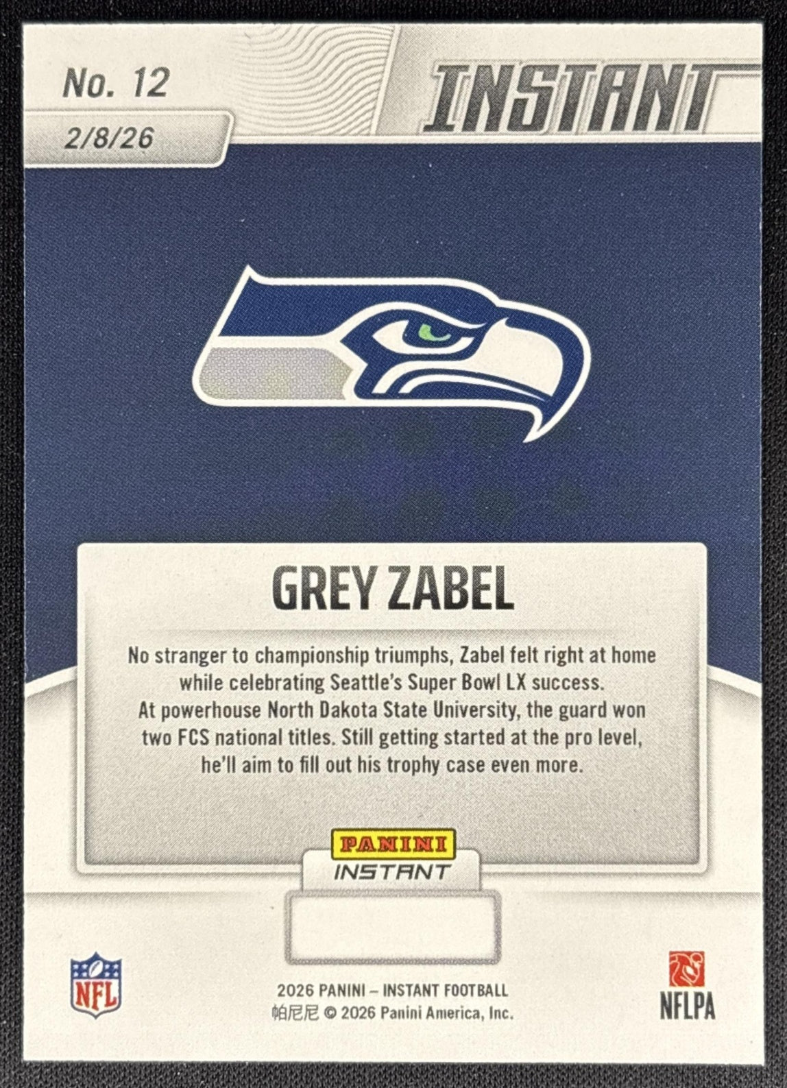 Grey Zabel 2026 Panini Instant Super Bowl LIX Champions Seattle Seahawks back