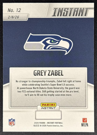 Grey Zabel 2026 Panini Instant Super Bowl LIX Champions Seattle Seahawks back