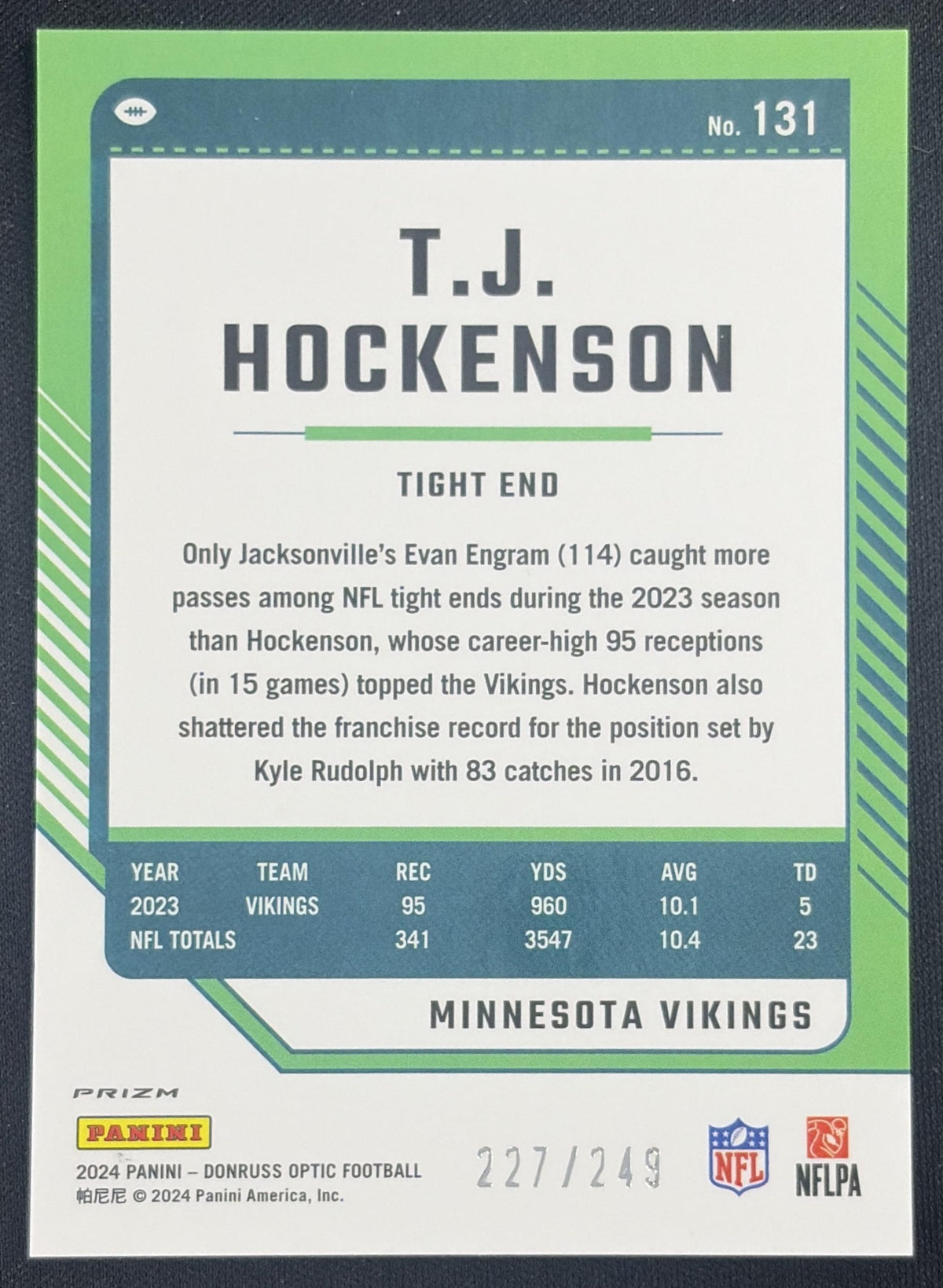 T.J. Hockenson 2024 Panini Donruss Optic Orange /249 Vikings