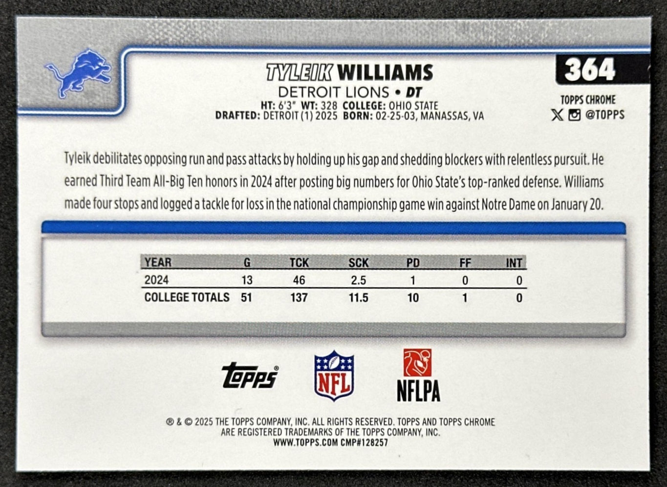 Tyleik Williams 2025 Topps Chrome Sapphire Lions Sports Trading Card