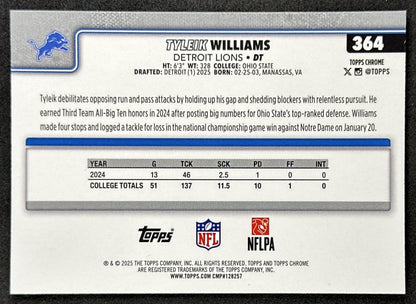 Tyleik Williams 2025 Topps Chrome Sapphire Lions Sports Trading Card