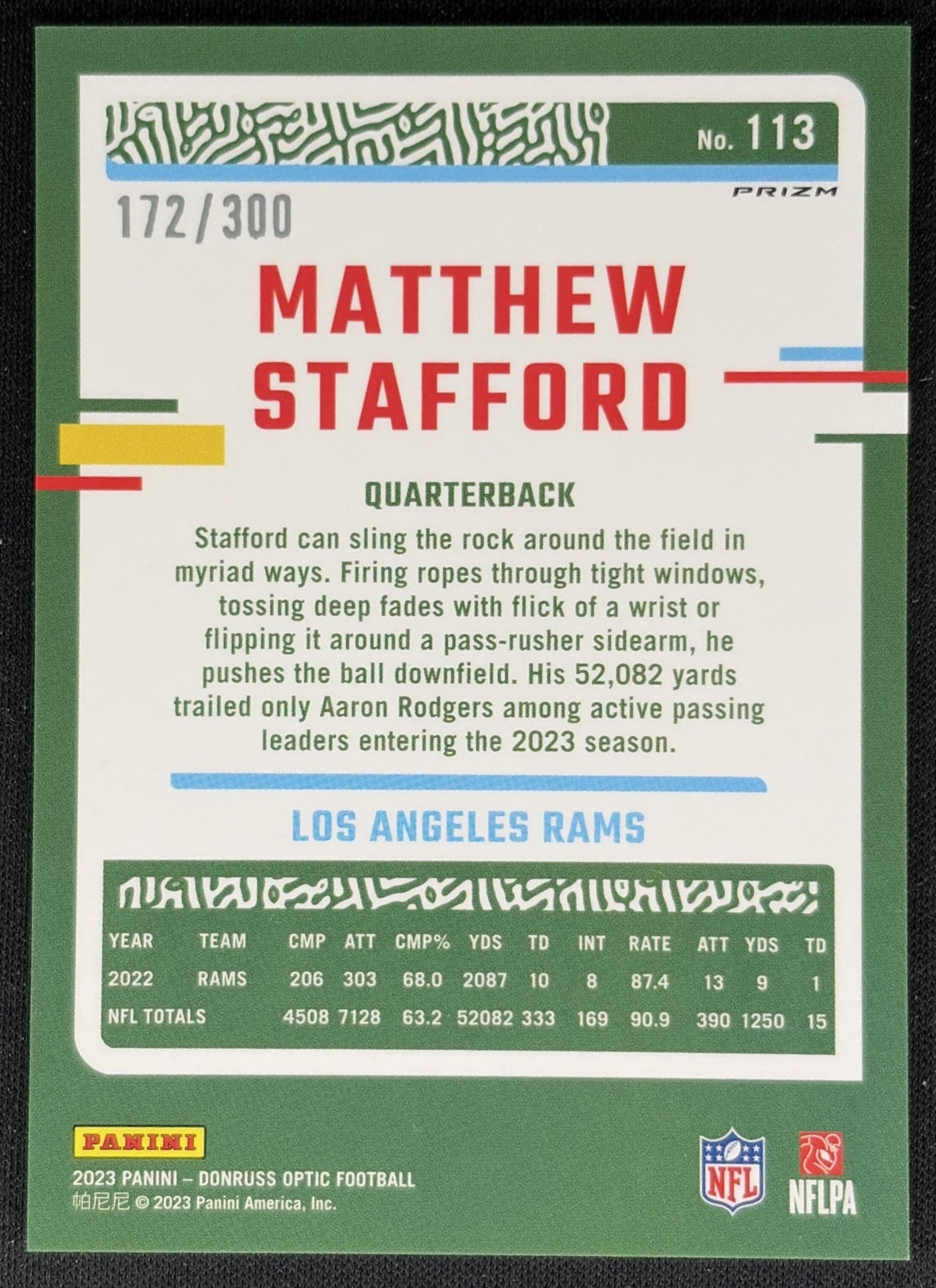 Matthew Stafford 2023 Panini Donruss Optic Wave Prizm /300 Rams back