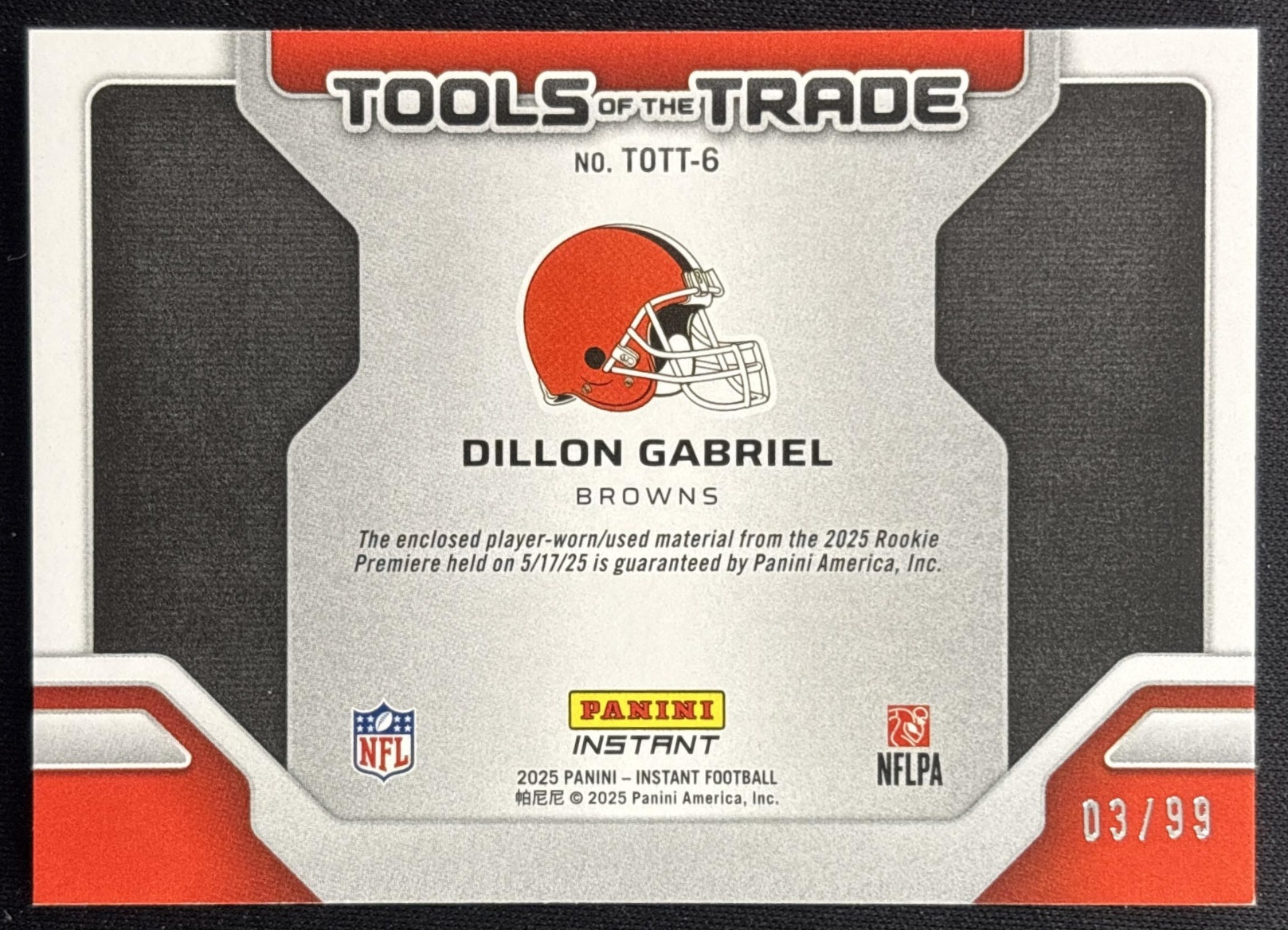 Dillon Gabriel 2025 Panini Instant Tools of the Trade Player-Worn Patch /99 Browns back