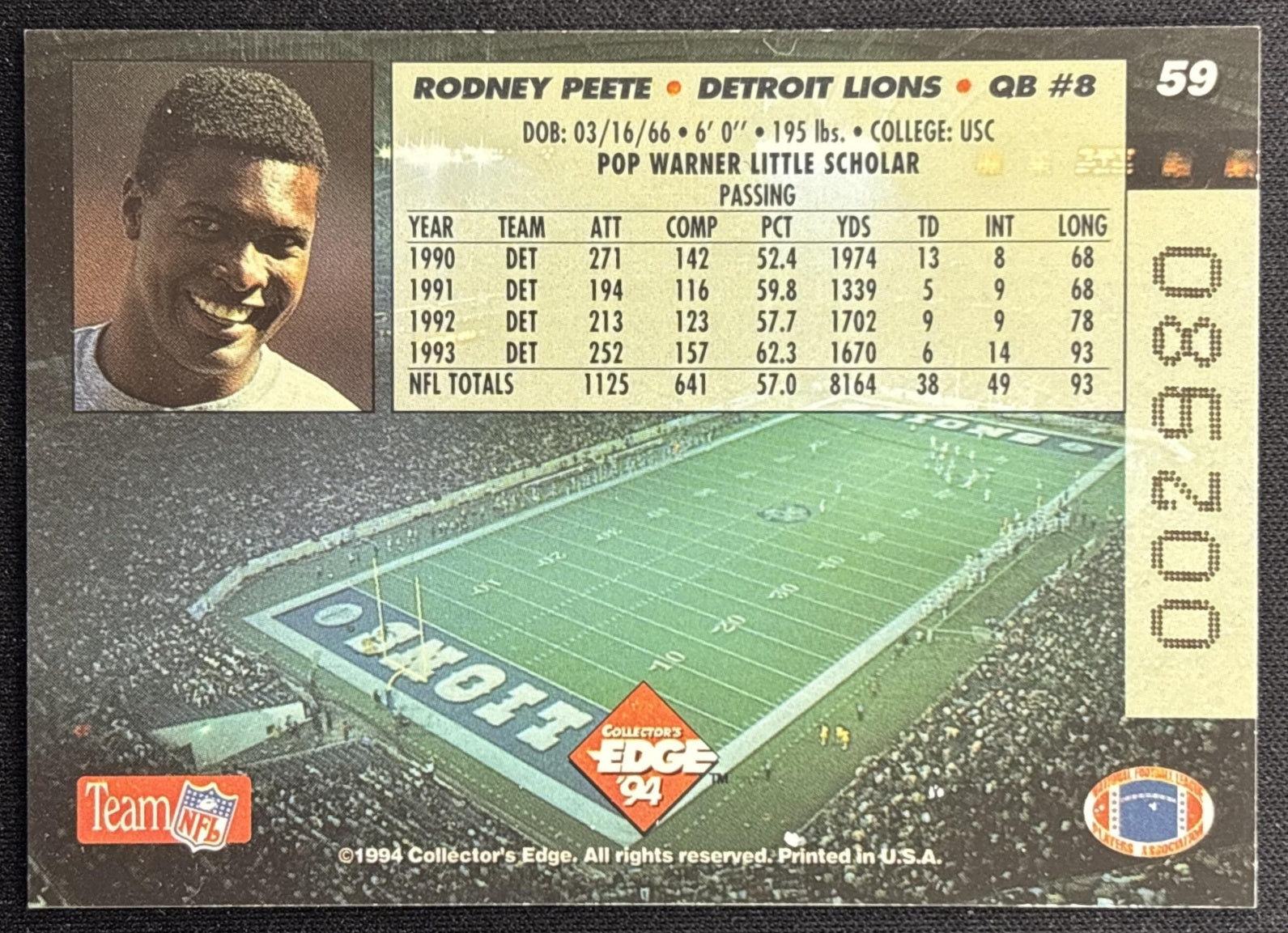 Rodney Peete 1994 Collector's Edge Lions back