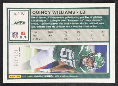 Quincy Williams 2025 Panini Donruss Optic Orange Prizm /299 New York Jets