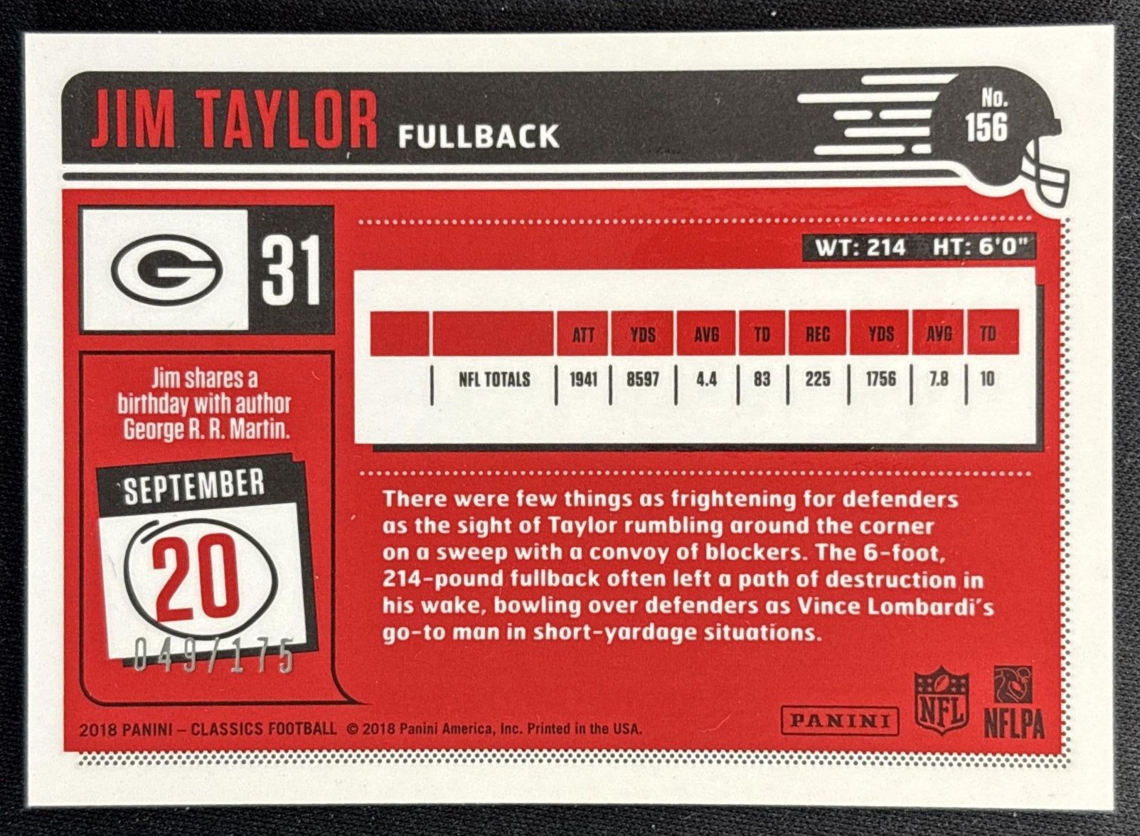 Jim Taylor 2018 Panini Classics Premium Edition Red Back /175 Packers Sports Trading Cards