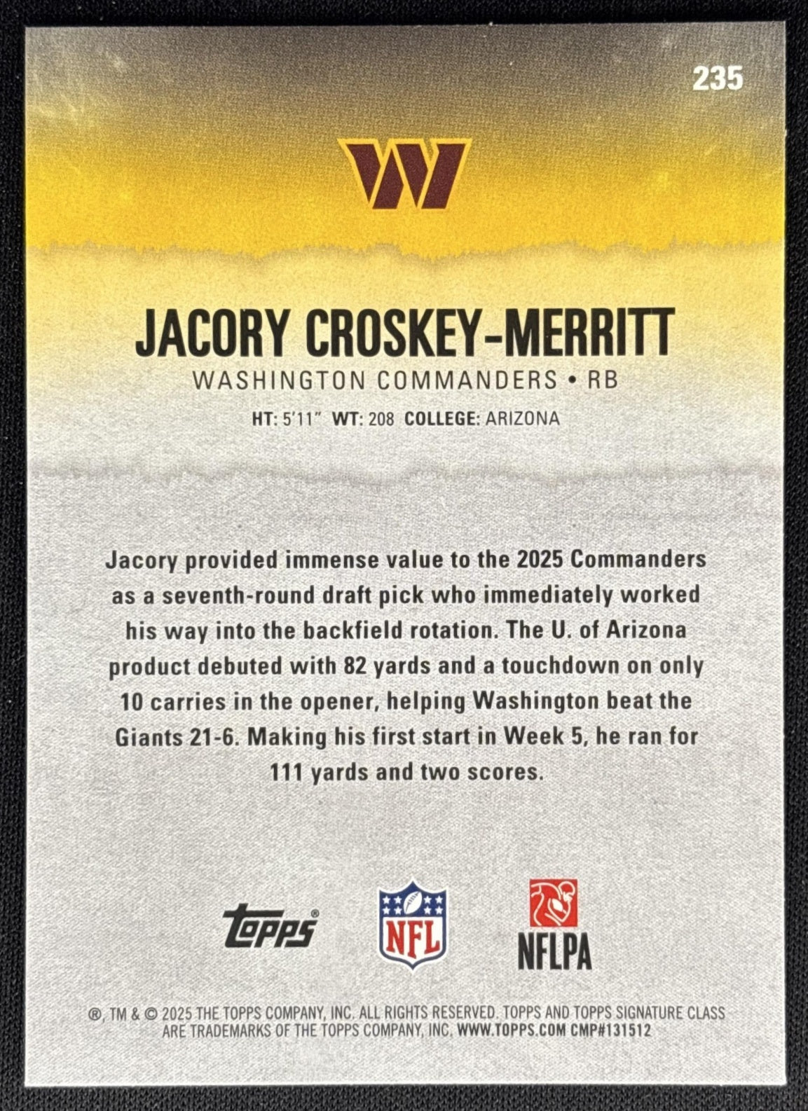 Jacory Croskey-Merritt 2025 Topps Signature Class Rookie Commanders back