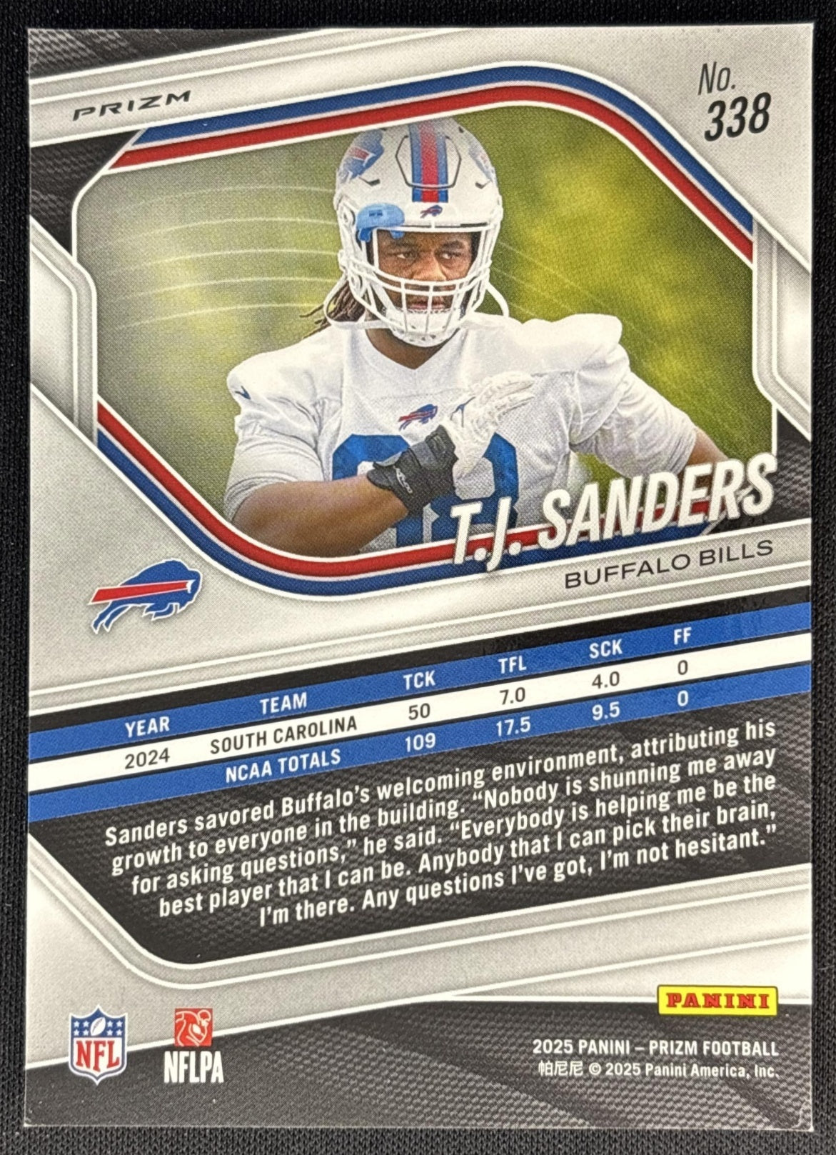 T.J. Sanders 2025 Panini Prizm Green Flash Bills back