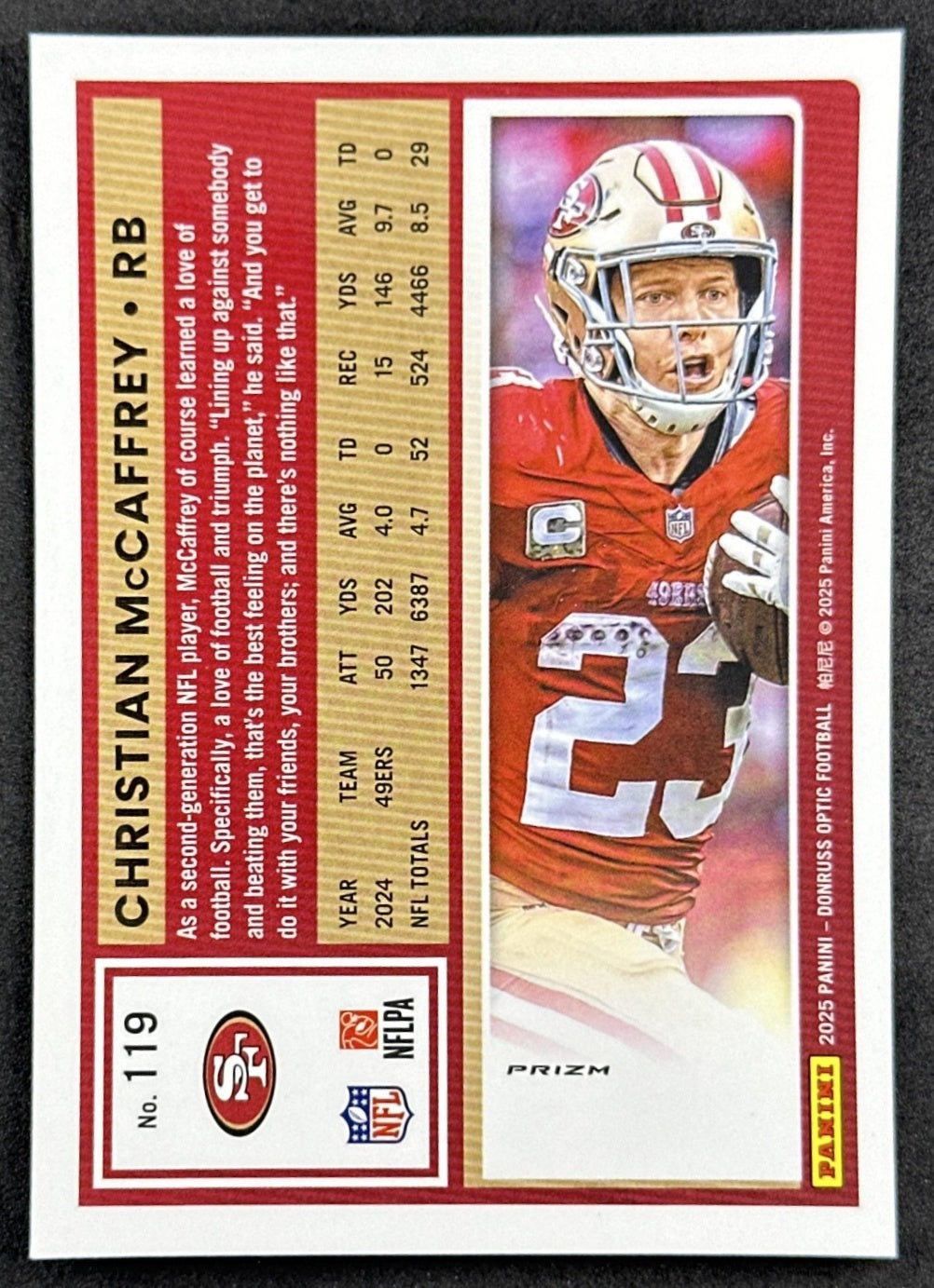 Christian McCaffrey 2025 Panini Donruss Optic Stars Prizm 49ers back