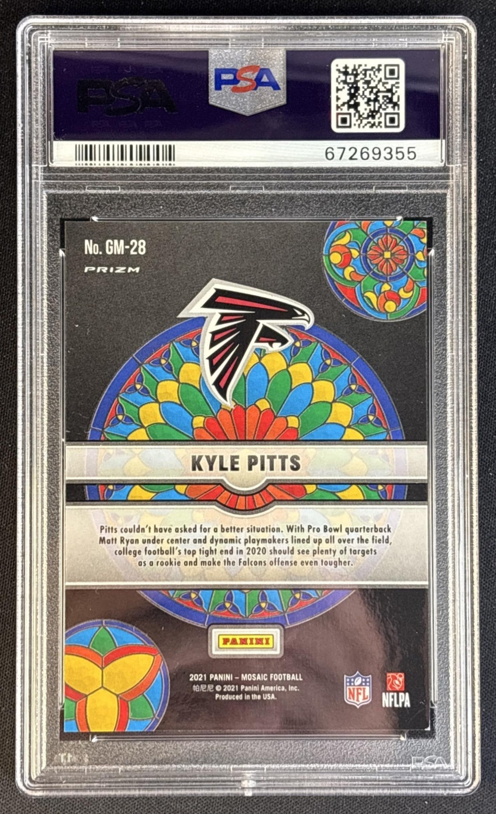 Kyle Pitts 2021 Panini Mosaic Glass Mosaic PSA 9 Falcons back