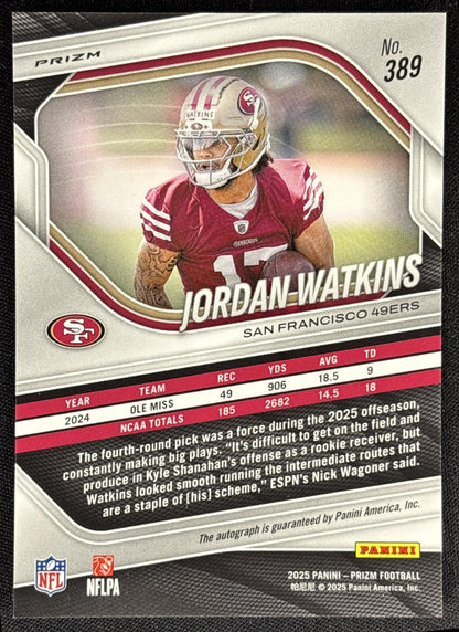 Jordan Watkins 2025 Panini Prizm Rookie Auto No Huddle 49ers - back