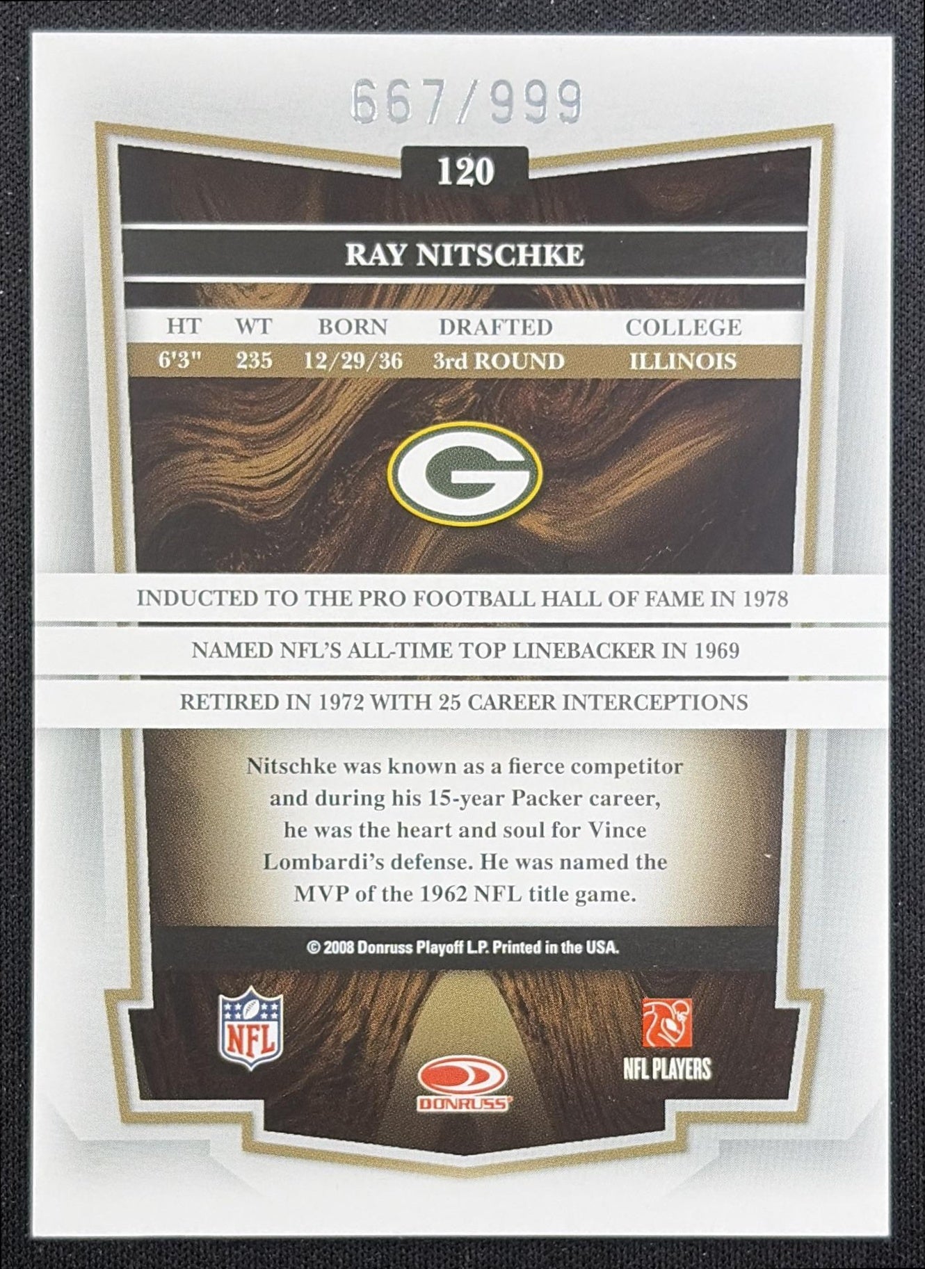 Sammy Baugh 2008 Donruss Classics /999 Redskins Washington Redskins back