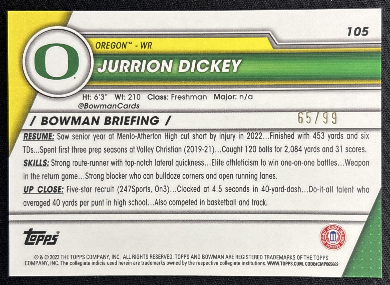 Jurrion Dickey 2023 Bowman University Chrome Green Refractor /99 Ducks back