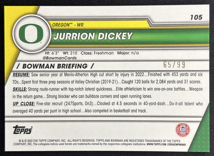 Jurrion Dickey 2023 Bowman University Chrome Green Refractor /99 Ducks back