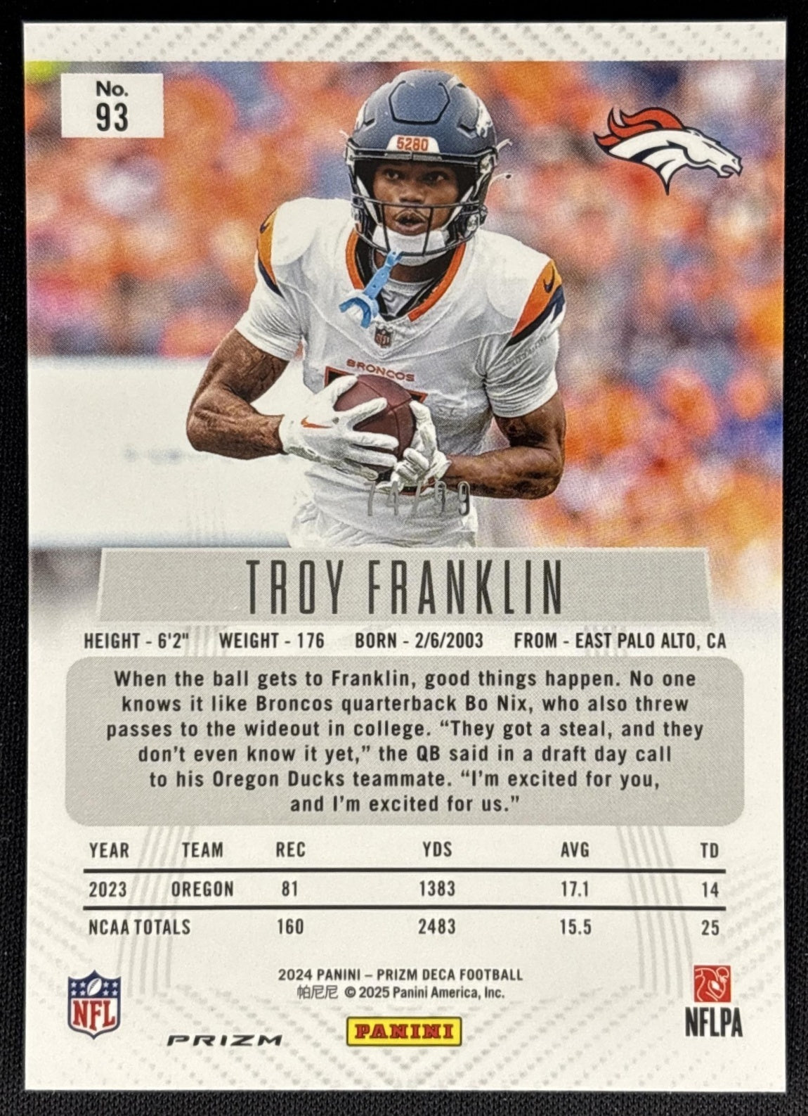 Troy Franklin 2024 Panini Prizm Deca Purple /99 Broncos back