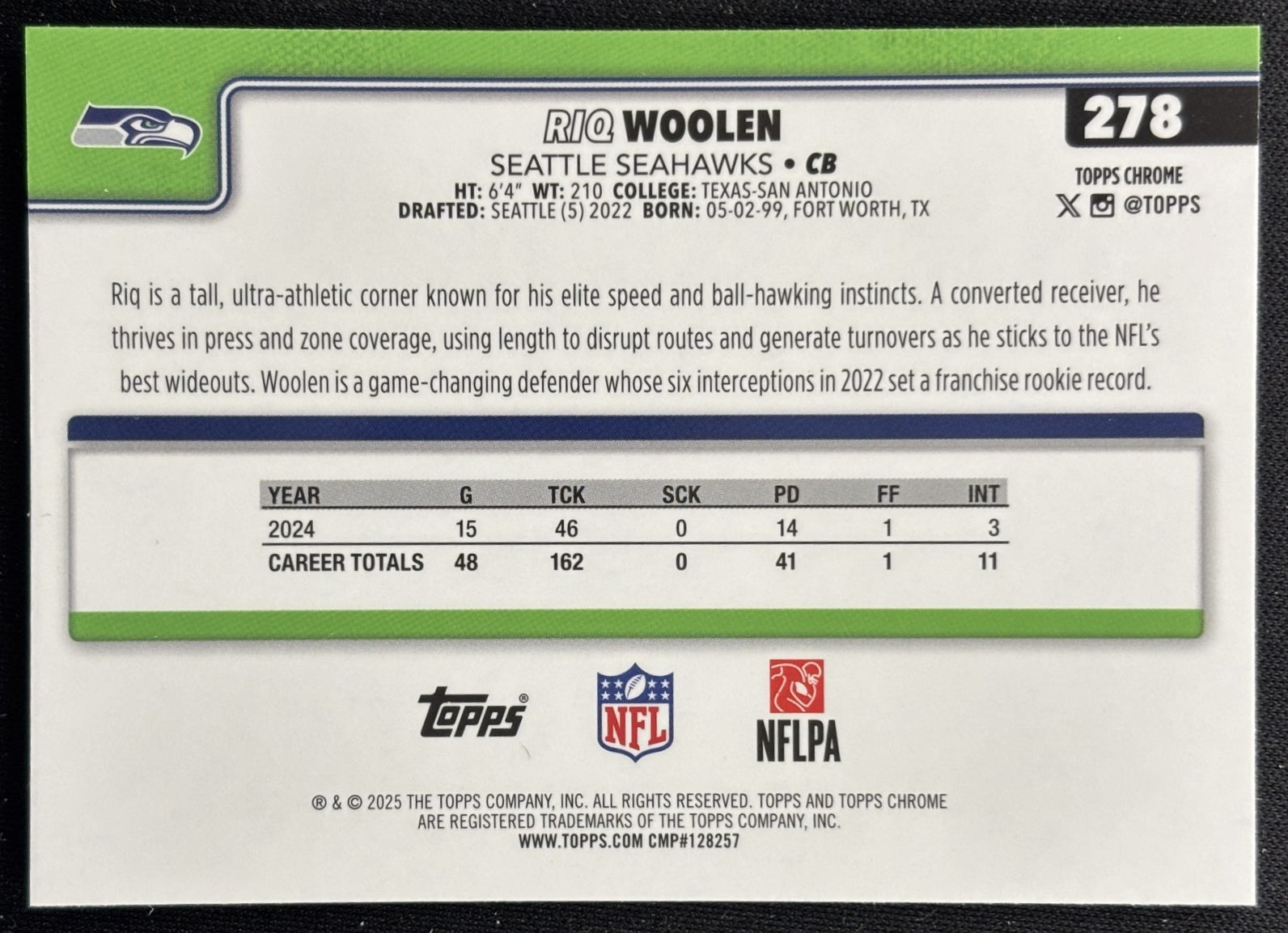 Riq Woolen 2025 Topps Chrome Hot Pink X-Fractor Seahawks Sports Trading Cards