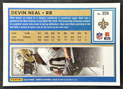 Devin Neal 2025 Panini Donruss Optic Rated Rookie Preview Red Wave Saints Back