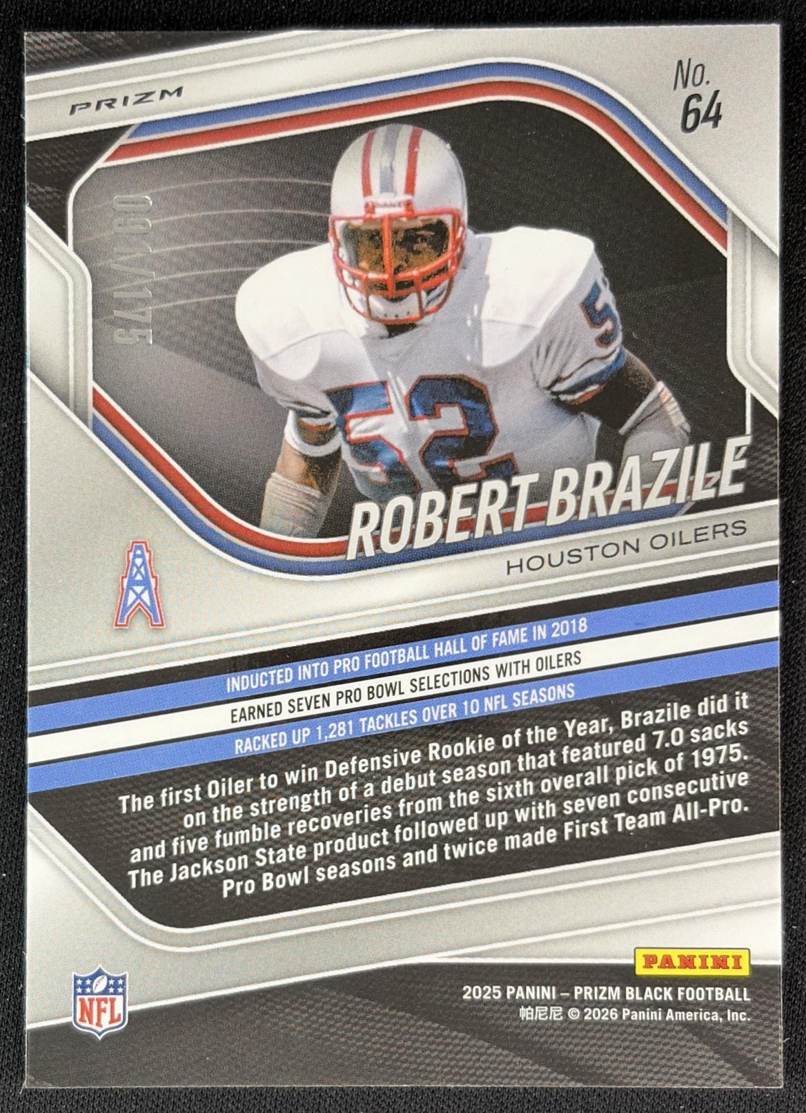 Robert Brazile 2025 Panini Prizm Black White /175 Oilers Back