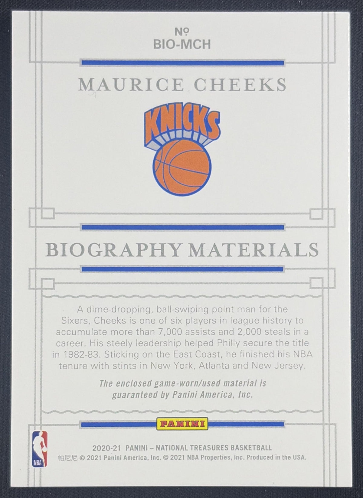 Maurice Cheeks 2020 Panini National Treasures Biography Materials /49 Knicks New York Knicks Sports Trading Card