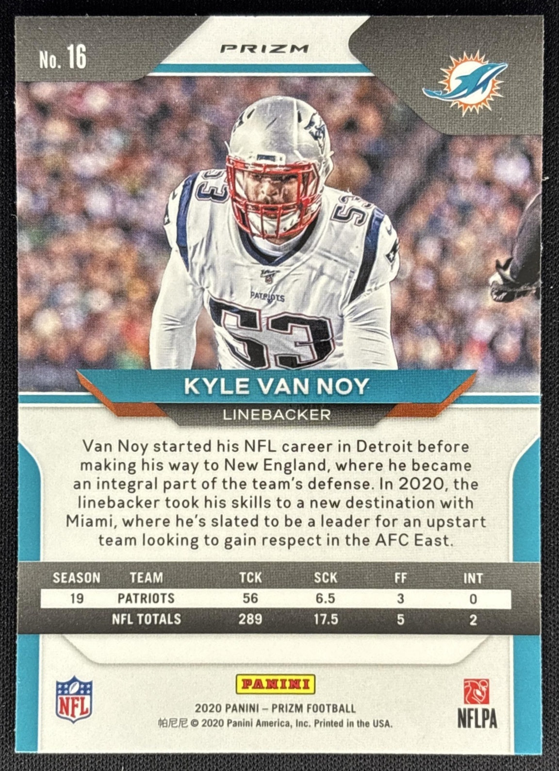 Kyle Van Noy 2020 Panini Prizm Red White and Blue Dolphins back