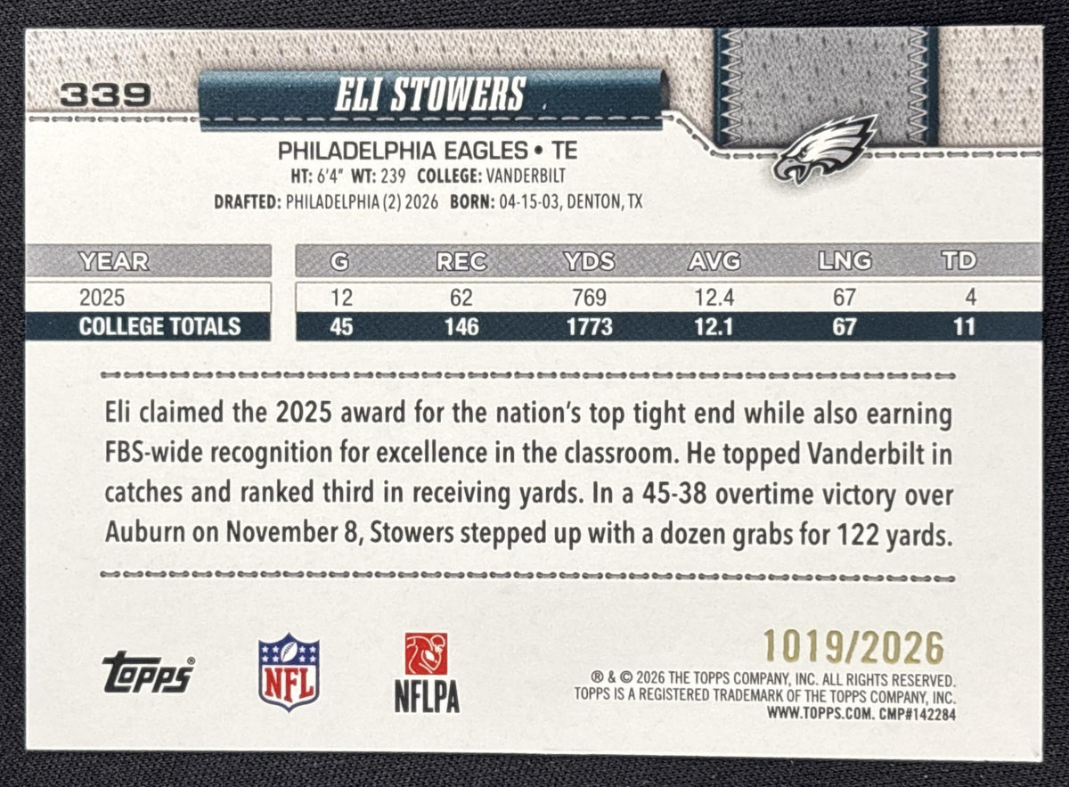 Eli Stowers 2026 Topps Gold /2026 Eagles