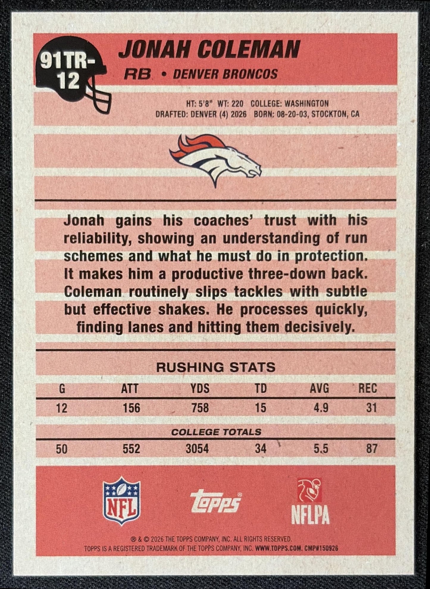 Jonah Coleman 2026 Topps 1991 Rookie Broncos back
